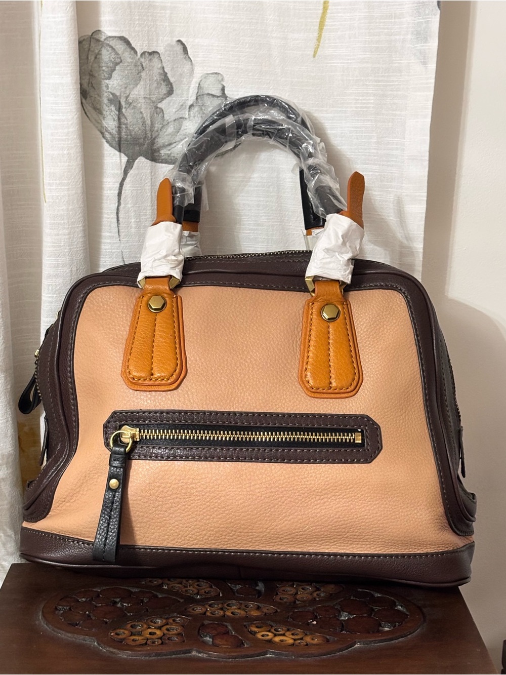 orYANY Browns and Cream Pebbled Leather Satchel